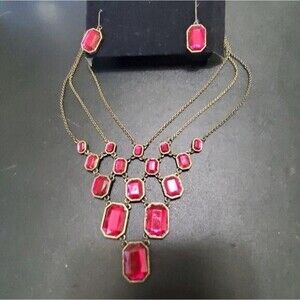 Avon Gold Tone Triple Strand Necklace Earring Set Red Rhinestone IOB
